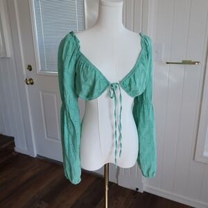 Wild Fable Womens Crop Top Size L Teal Bralette Eyelet Milkmaid Cottagecore Boho